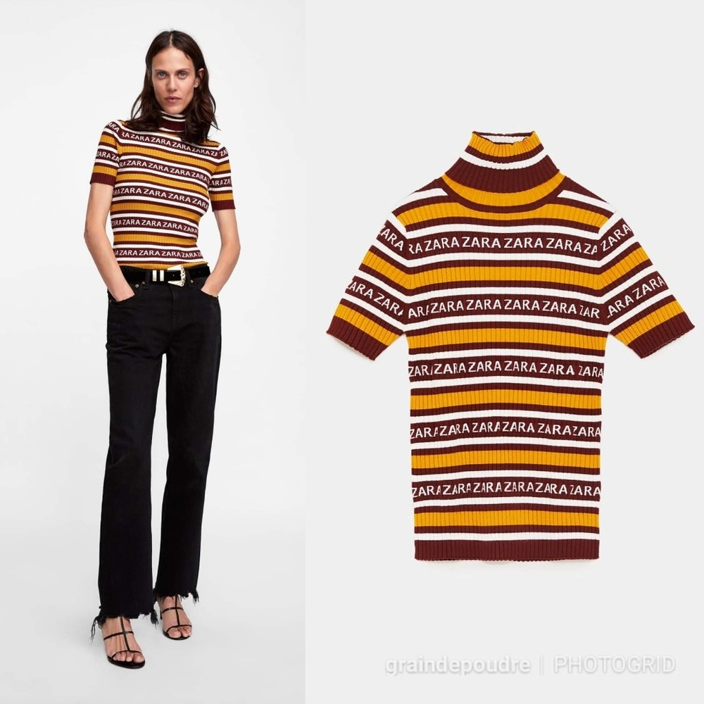 Zara Logo Stripe SS Mock Turtleneck Ribbed Sweater